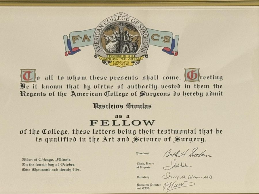 Ο Δρ.Βασίλειος Σιούλας ανακηρύχθηκε Fellow του American College of Surgeons (FACS)